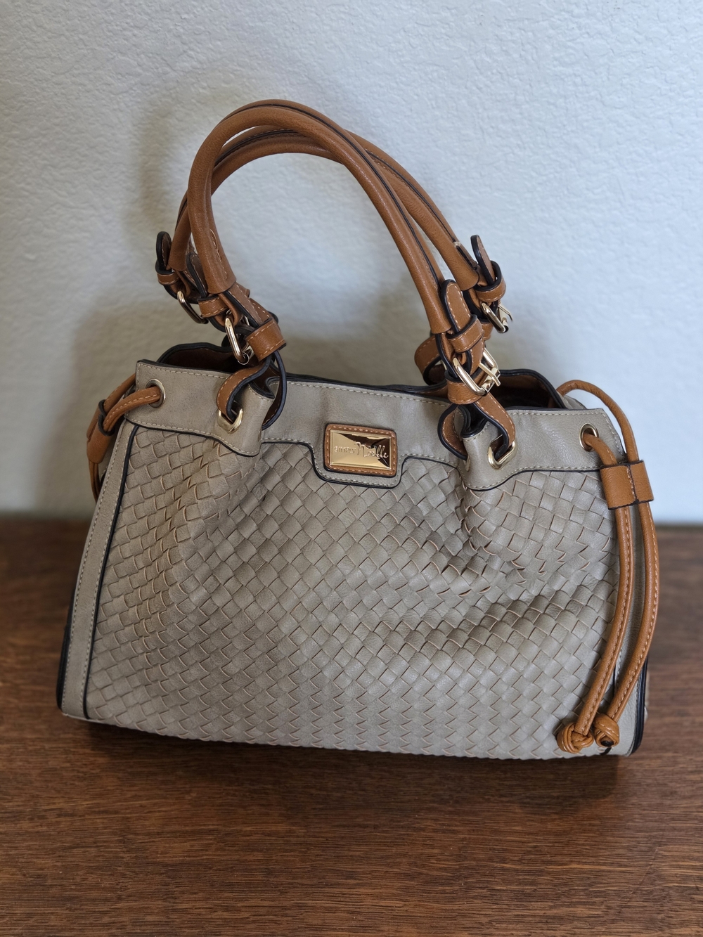 Simply Noelle Woven Taupe with Tan Trim Shoulder Bag